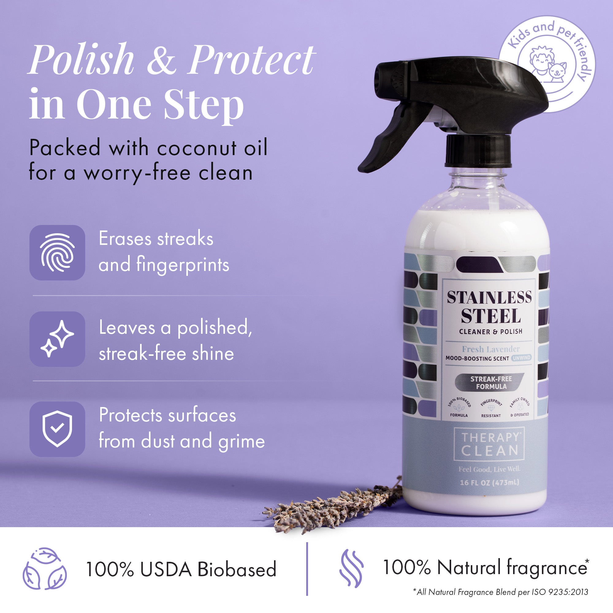 Stainless Steel Cleaner & Polish 64 oz. Refill bottle with black sprayer, labeled for fingerprint resistance, featuring natural coconut oil for streak-free shine.