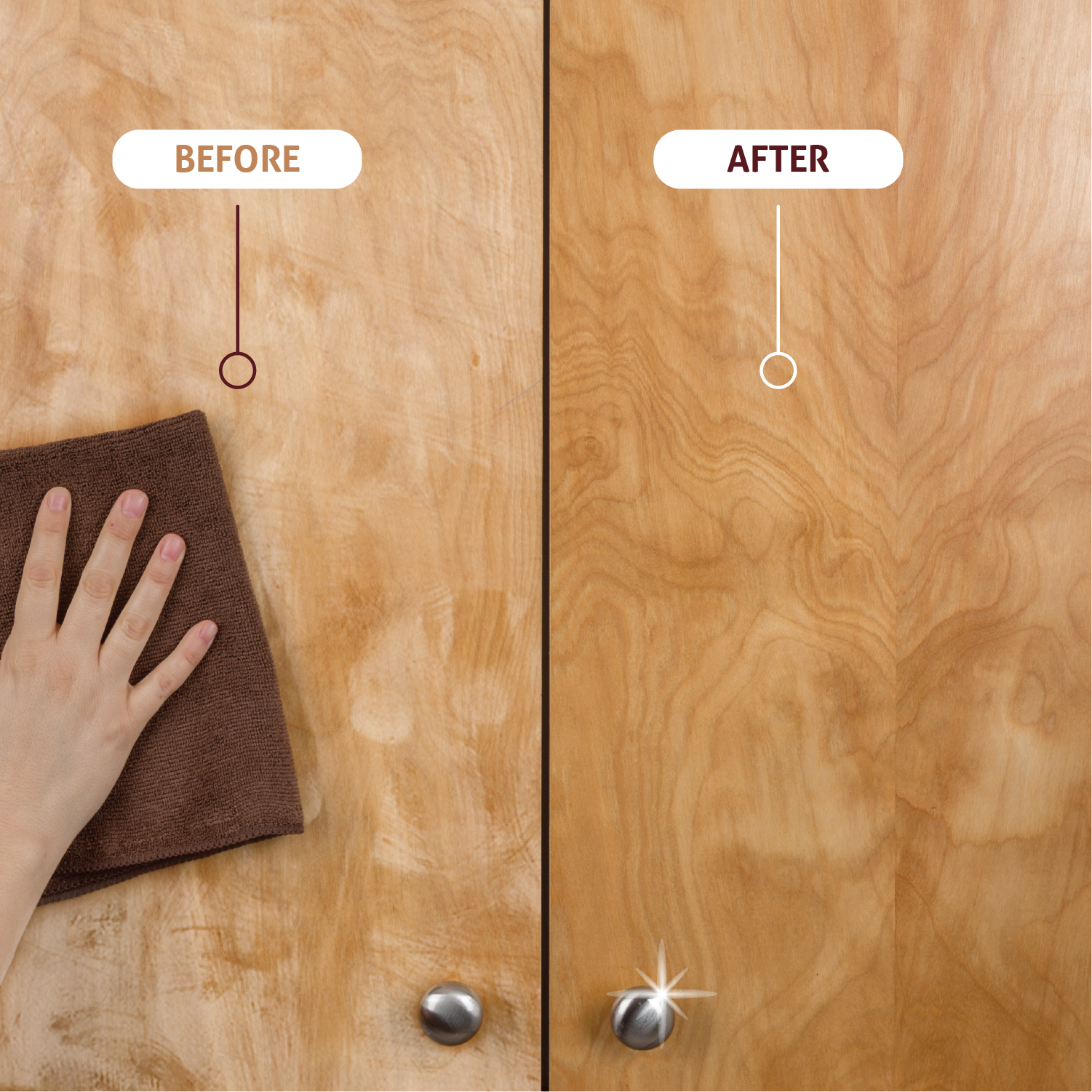 damaged wood cabinet finish comparison before and after vinegar cleaning